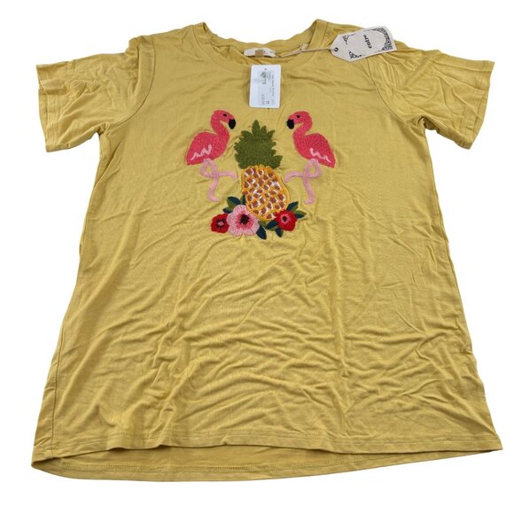 Entro Womens Embroidered Flamingo & Pineapple T-Shirt Yellow M - Picture 1 of 6